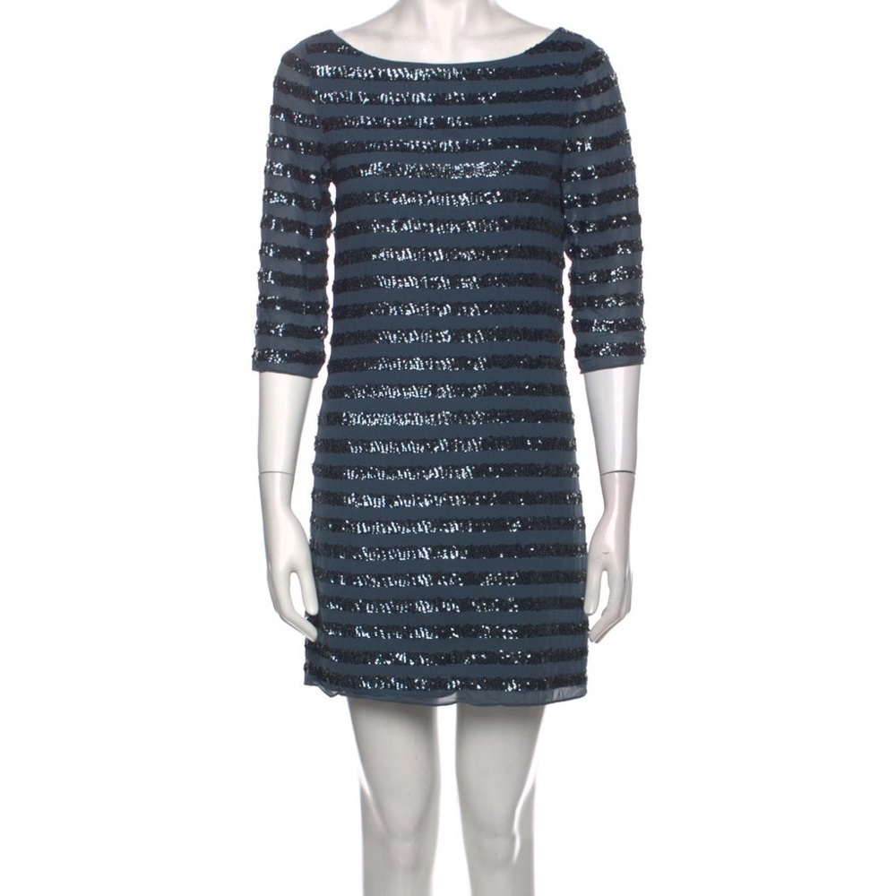 Alice and Olivia | Navy Blue 100%Silk and Striped Sequin Dress Size XS